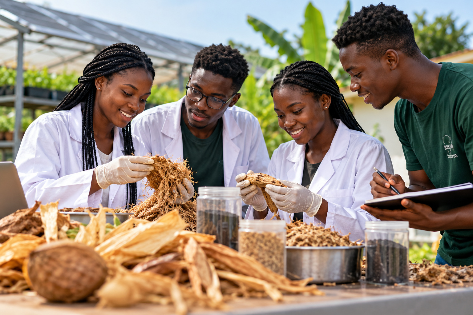 Young Ghanaian students and graduates exploring agricultural by-products together