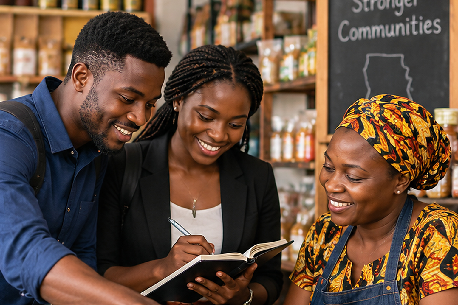 Young Ghanaian graduates collaborating with a local small-business owner
