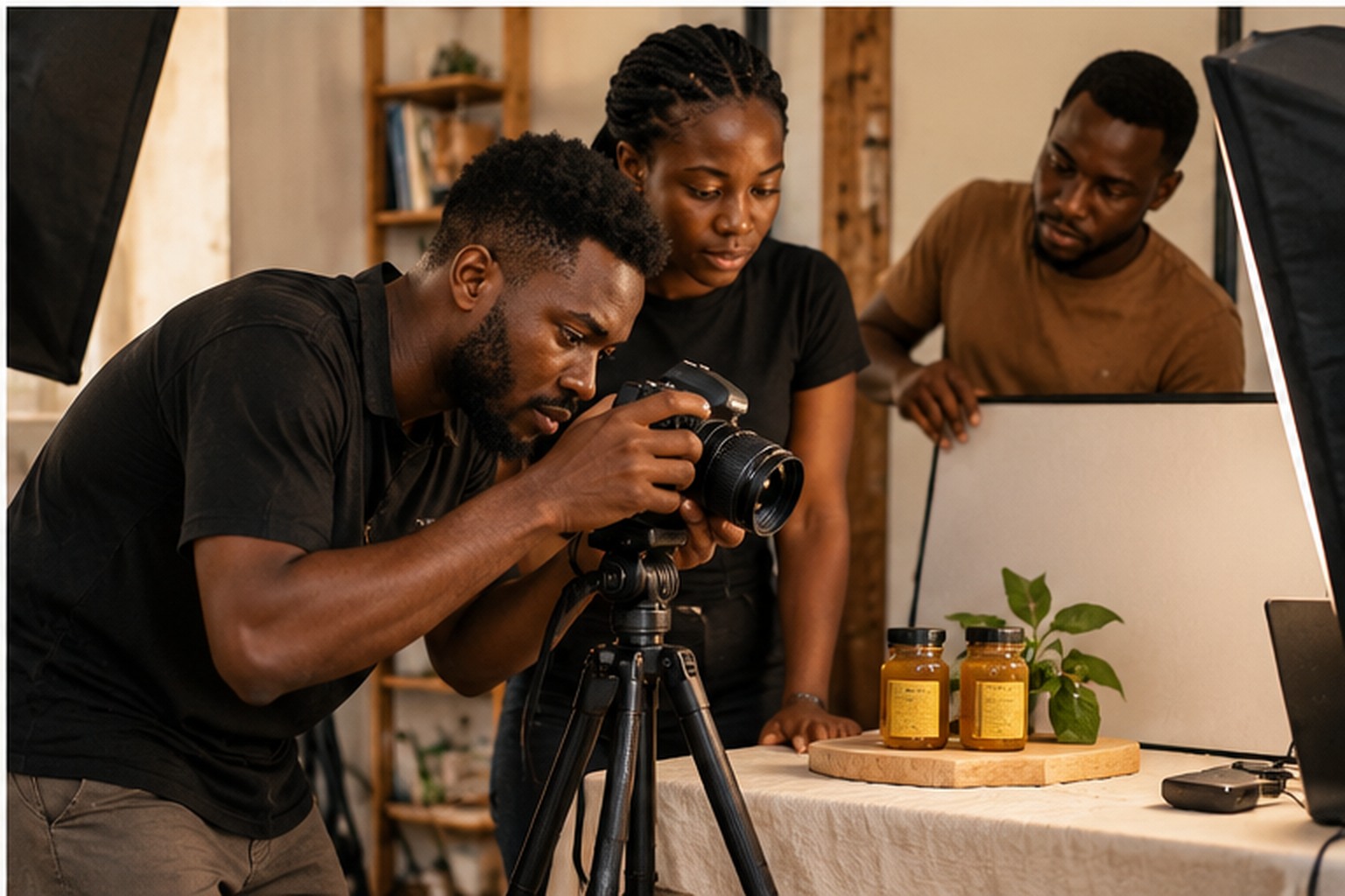 Illustrative image of young Ghanaian creatives collaborating on a photo and video shoot