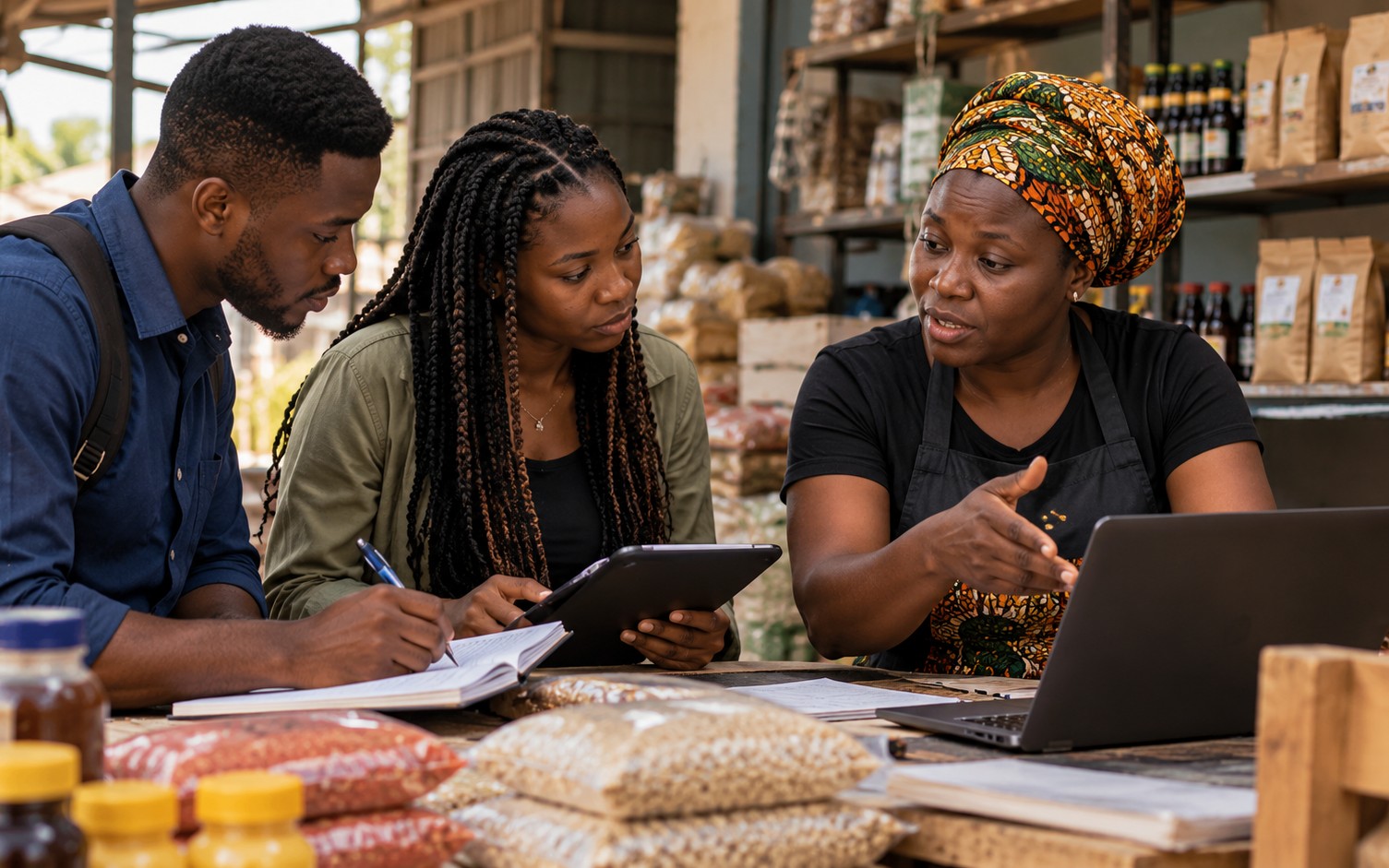 Small-business owner discussing a practical brief with young collaborators