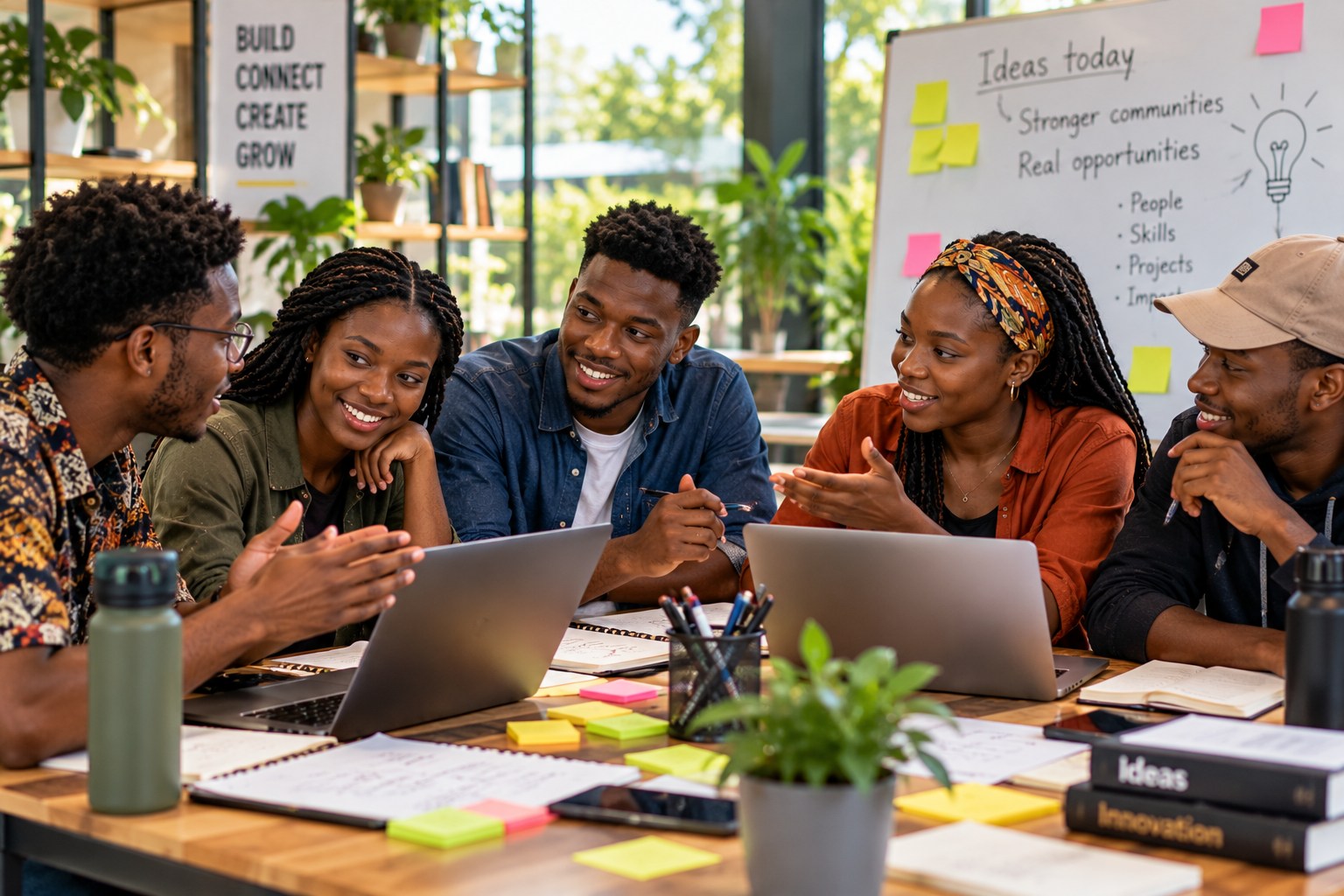 Illustrative image of young Ghanaian students and graduates collaborating around laptops