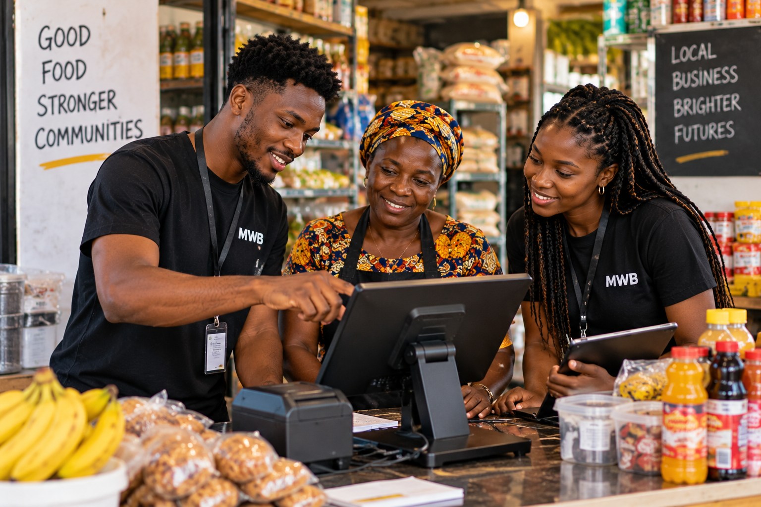 Illustrative image of young Ghanaian professionals helping a shop owner use a digital point-of-sale system