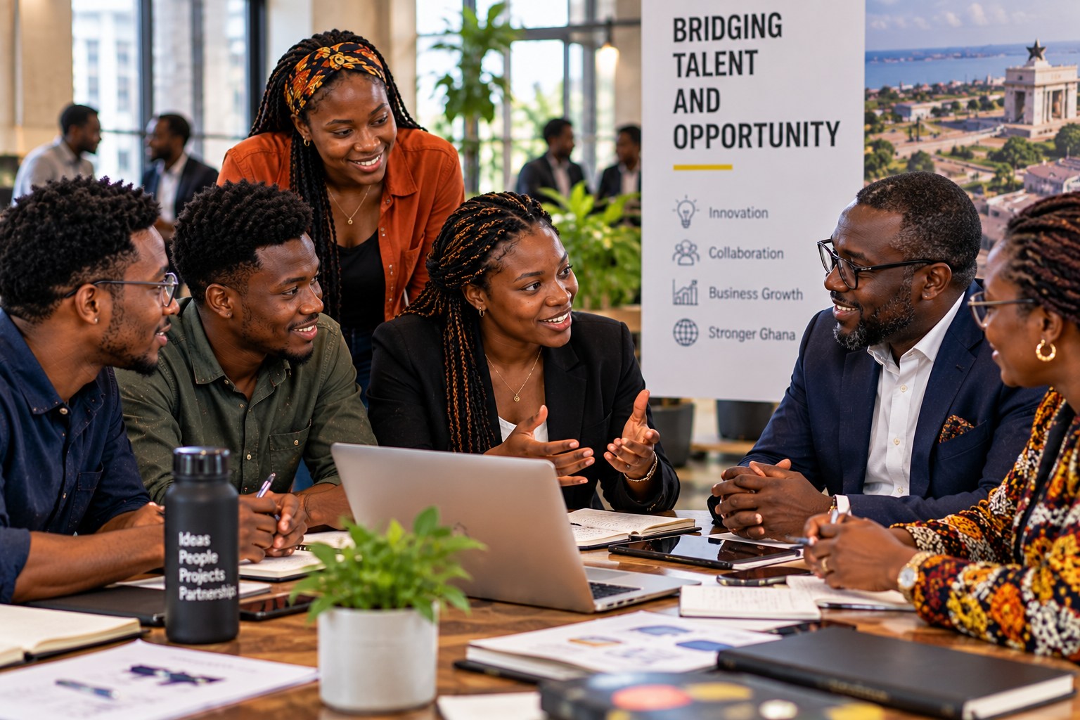 Illustrative image of young Ghanaian talents meeting experienced business professionals