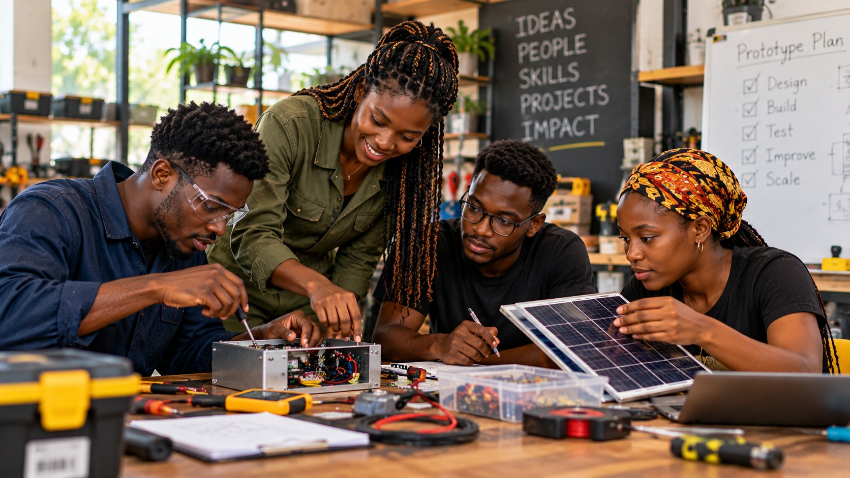Illustrative image of young Ghanaian innovators building a solar-powered prototype